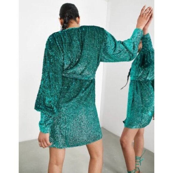 Asos Edition Sequin Wrap Long Sleeve Tie Waist Mini Dress in Teal Green - Picture 2 of 13